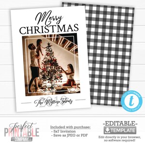 Holiday Greeting Card, Merry Christmas Photo Card, Buffalo Flannel Christmas Card, Editable Template #1028