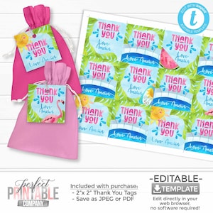 Tropical Summer Thank You Tags, Beach Bash Party Favors, Pool Party Gift Tags, Luau Birthday Party Decorations, Thank You Note #1087