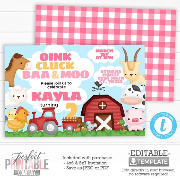 Farm Birthday Invitation, Pink Farm Invite, Old McDonald Invitation, Barnyard Invitation, Girl Farm Birthday Party Invitation #1031