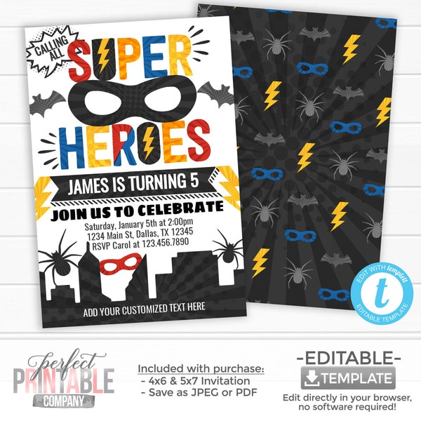 Superhero Birthday Invitation Superhero Party Invitation Superhero Invite Comic Book Birthday Invitation Editable Template #1066