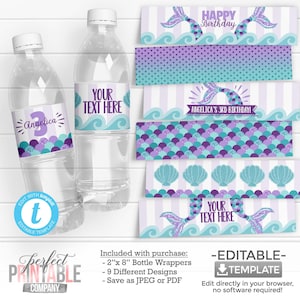 Mermaid Water Bottle Labels, Mermaid Water Bottle Wrappers, Mermaid Birthday Party Decorations, Mermaid Theme Decorations #1034