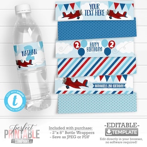 Airplane Water Bottle Labels, Plane Water Bottle Wrappers, Airplane Birthday Party Decorations, Airplane DIY Decorations #831