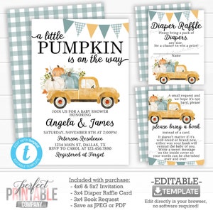 Fall Truck Baby Shower Invitation Package, Little Pumpkin Baby Shower Invitation Package, Truck Inserts, Teal Yellow Buffalo Flannel  #1008