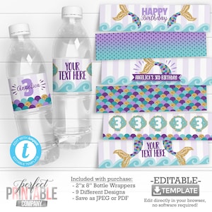 Mermaid Water Bottle Labels, Mermaid Water Bottle Wrappers, Mermaid Birthday Party Decorations, Mermaid Theme Decorations #1034