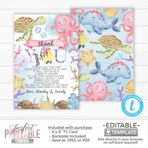 Tarjeta de agradecimiento de niña océano animal, nota de agradecimiento rosa bajo el mar, baby shower, fiesta de cumpleaños, carta de agradecimiento y gratitud #1092