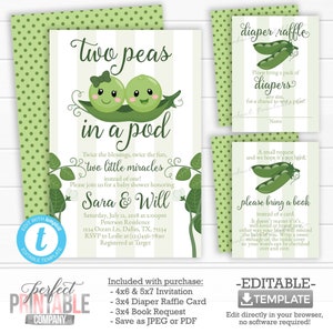 Ensemble d'invitation de douche de bébé de deux pois dans un pod, kit, paquet, paquet, invitation, carte de tombola de couche, insertion de demande de livre, jumeaux garçon et fille #752