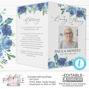 May include: A printable 5x7 card template with a blue floral design. The card is for a memorial service and includes the text "In Loving Memory of Paula Mendez, Feb 1, 1966 - Jan 5, 2021".