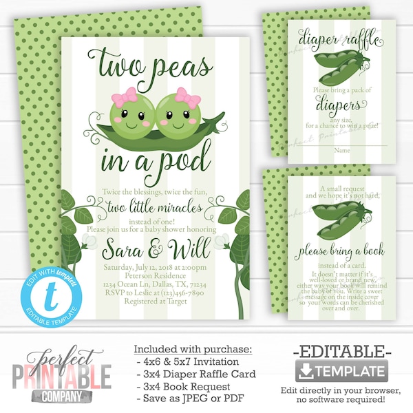 Two Peas In a Pod Baby Shower Invitation Set, Kit, Package, Bundle, Invite, Diaper Raffle Card, Book Request Insert, Twin Girls #752