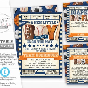 Ensemble d'invitations sportives pour baby shower, kit, lot, invitation, garçon, carte de tirage de couches, encart pour demande de livre, décorations sportives #947