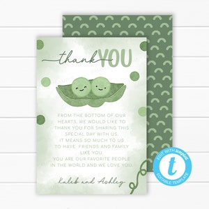 Tarjeta de agradecimiento de dos guisantes en una vaina - Nota de agradecimiento de guisante dulce - Carta de agradecimiento de vaina de guisantes - Baby Shower para niños gemelos - Plantilla editable #2104