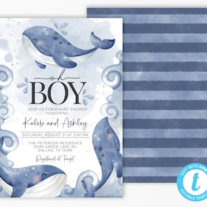 Nautical Whale Baby Shower Invitation | Whale Invite | Boy Baby Shower Invitation | Ocean Under the Sea Invitation | Editable Template #2011