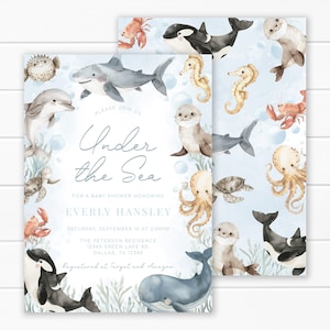 Editable Under the Sea Baby Shower Invitation Template, Ocean Life Baby Shower Invite, Sea Animal Invite, Boy Baby Shower Invitation #2123