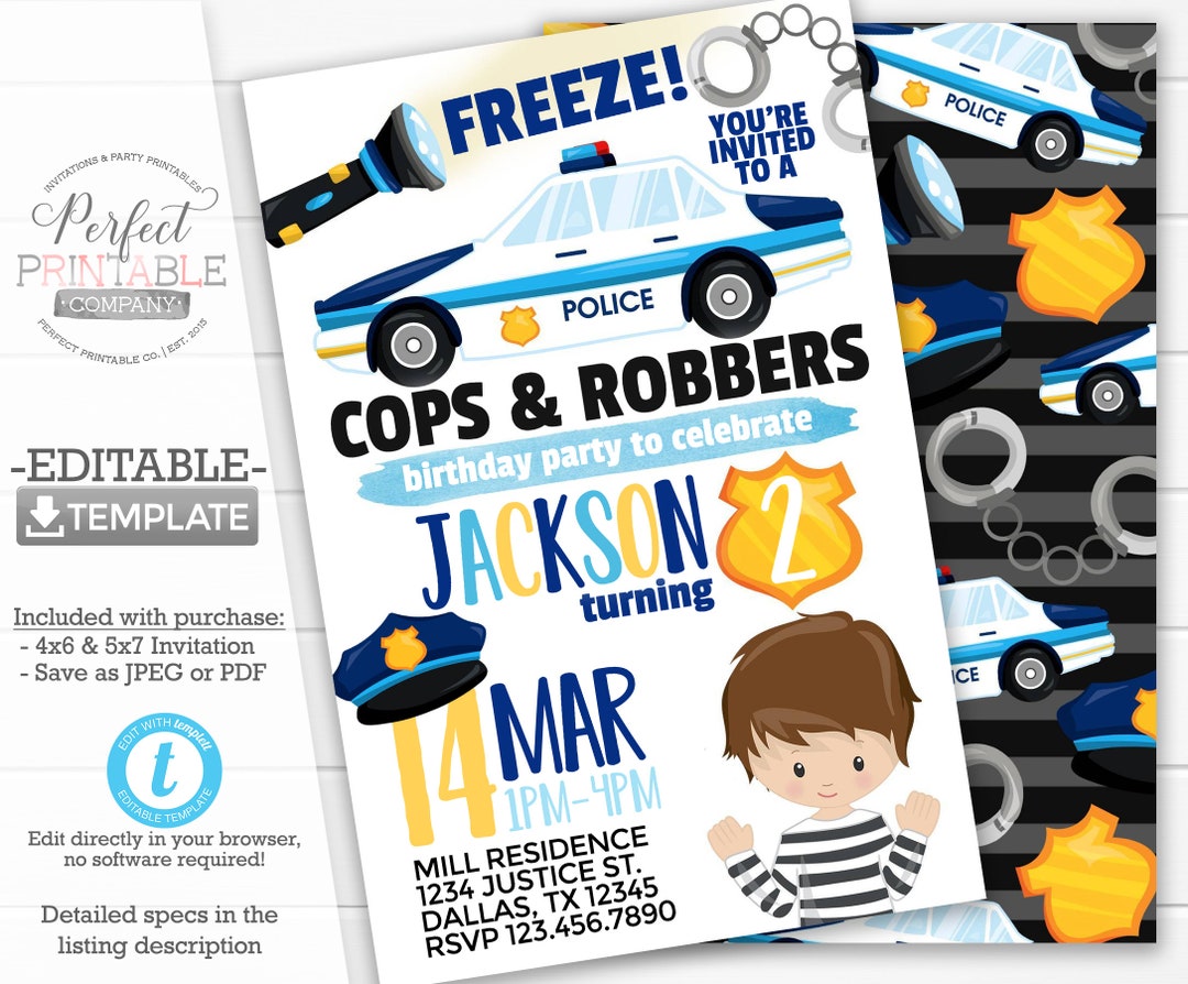 Cops and Robbers Birthday Party Invitation, Cops and Robbers Invite ...