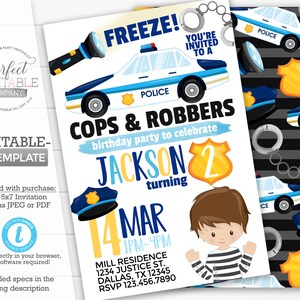 Cops and Robbers Birthday Party Invitation, Cops and Robbers Invite, Police Birthday Invitation, Policeman, Stripes, Editable Template #957