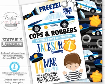 Cops and Robbers Birthday Party Invitation, Cops and Robbers Invite, Police Birthday Invitation, Policeman, Stripes, Editable Template #957