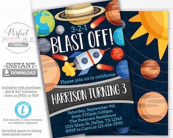 Outer Space Birthday Invitation, Rocket Invitation, Astronaut Invitation, Solar System Invitation, Planet Invitation, Editable Template #925