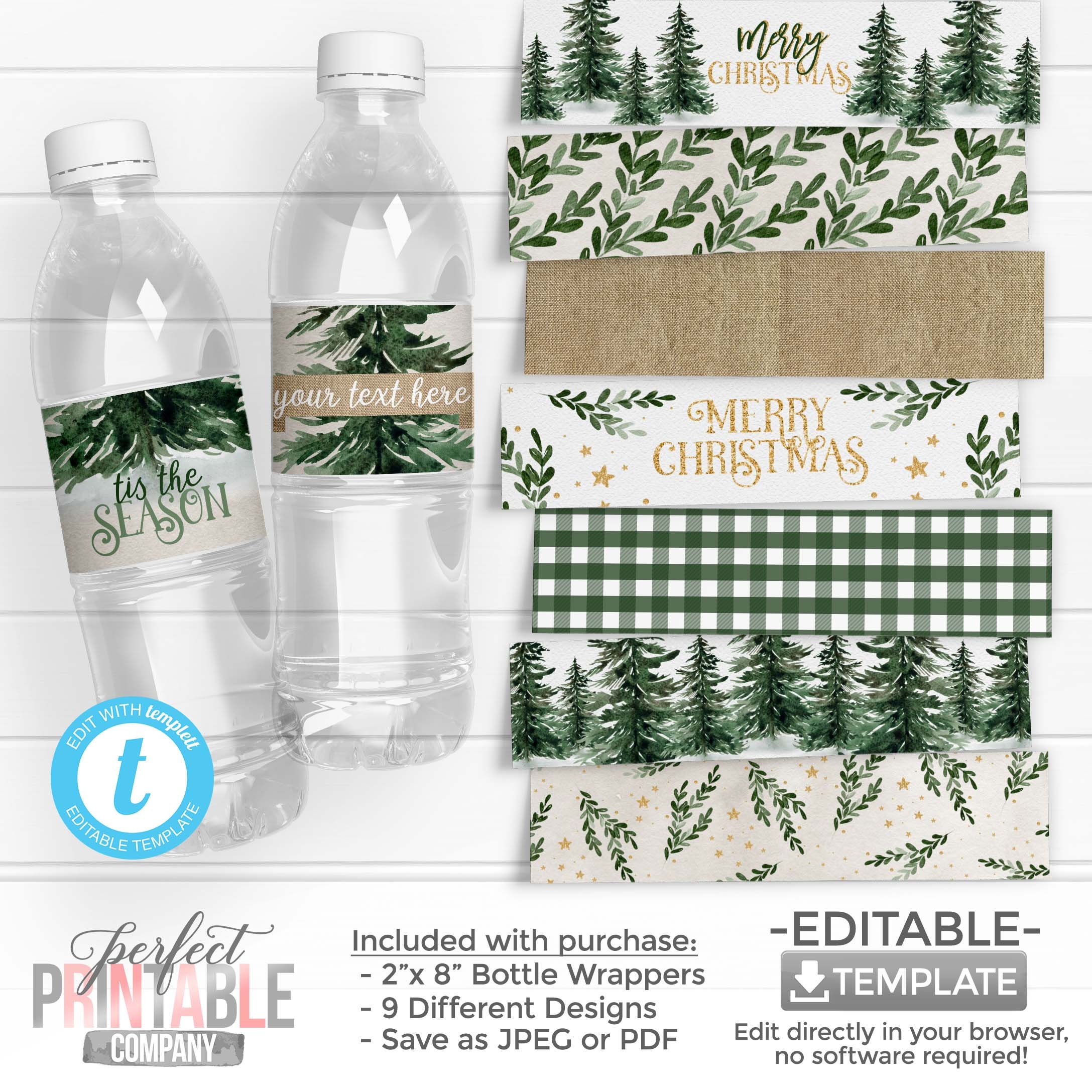 Rustic Christmas Tree Water Bottle Labels, Christmas Water Bottle Wrappers, Christmas Holiday Party Decorations, Buffalo Flannel #1057