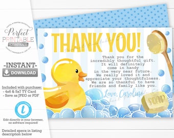 Rubber Duck Baby Shower Thank You Card, Rubber Duck Thank You Note, Ducky, Rubber Duck Decorations, Blue and Yellow, Editable Template #799