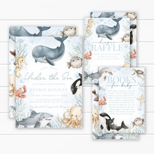 Under the Sea Animal Baby Shower Bundle, Whale Ocean Life Invitation, Diaper Raffle Card, Books for Baby Insert, Editable Template #2123