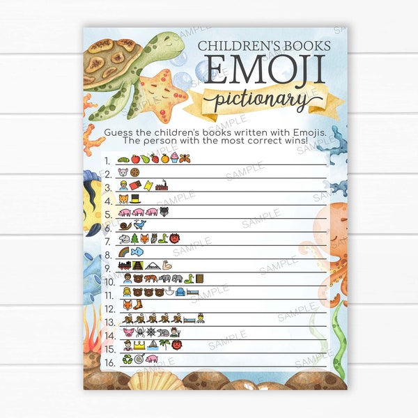 Baby Shower Children's Books Emoji Pictionary, Baby Shower Game Activity, Ocean Animal Under the Sea, Instant Download, Printable Card #1092