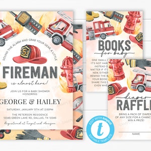 Feuerwehrauto Babyparty Einladung Bundle, Feuerwehrauto Windel Verlosungskarte, Bücher für Baby Antrag einfügen, bearbeitbare Vorlage #2034