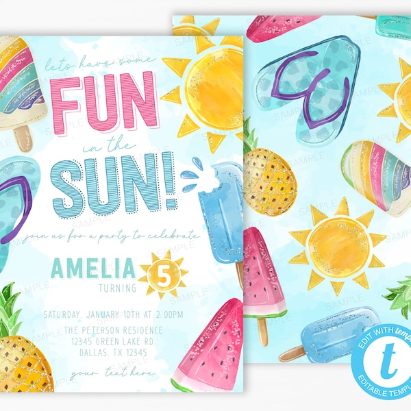 Summer Birthday Invitation, Summer Invite, Fun in the Sun Birthday Party Invitation, Ice Cream Popsicle Watermelon, Editable Template #2025