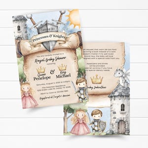 May include: Watercolor baby shower invitation with a princess and knight theme. The invitation features a scroll design with the text "Princesses & Knights" and "Royal Baby Shower". Includes illustrations of a castle, crowns, and a sun.