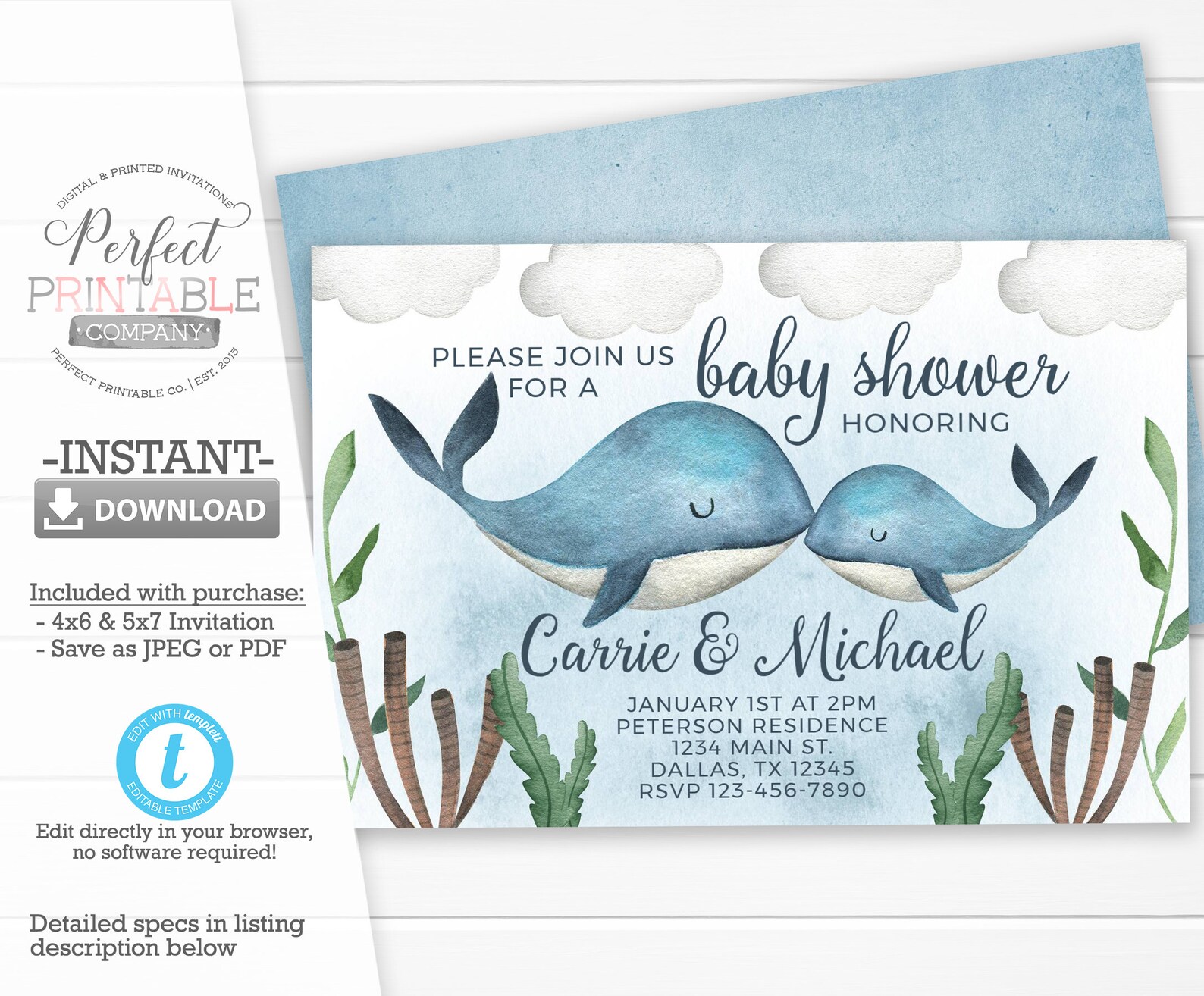 Whale Baby Shower Invitation Blue Whale Baby Shower Etsy