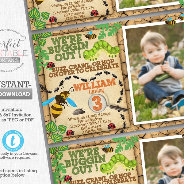 Insect Birthday Party Invitation, Insect Invite, Bug Birthday Invitation, Bug Invite, Photo Invitation, Editable Templett #411