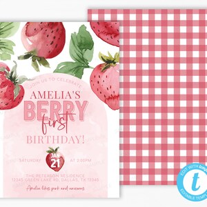 Zaproszenie na 1. urodziny truskawkowe, zaproszenie na pierwsze urodziny jagodowe, karta na imprezę Pink Farmers Market Festival, szablon do druku i edycji #2029