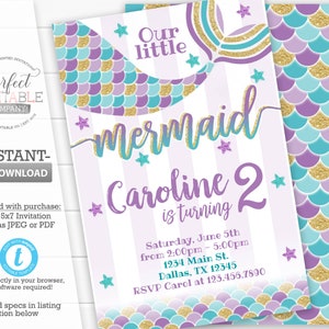 Mermaid Invitation, Mermaid Birthday Party Invitation, Mermaid Invite, Purple Gold Teal Mermaid Invitation, Editable Template #494