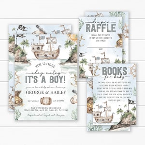 Lot d'invitations pour baby shower pirate nautique, Ahoy, c'est une invitation de garçon, carte de tombola de couches, encart pour bébé demande de livre, modèle modifiable #2120