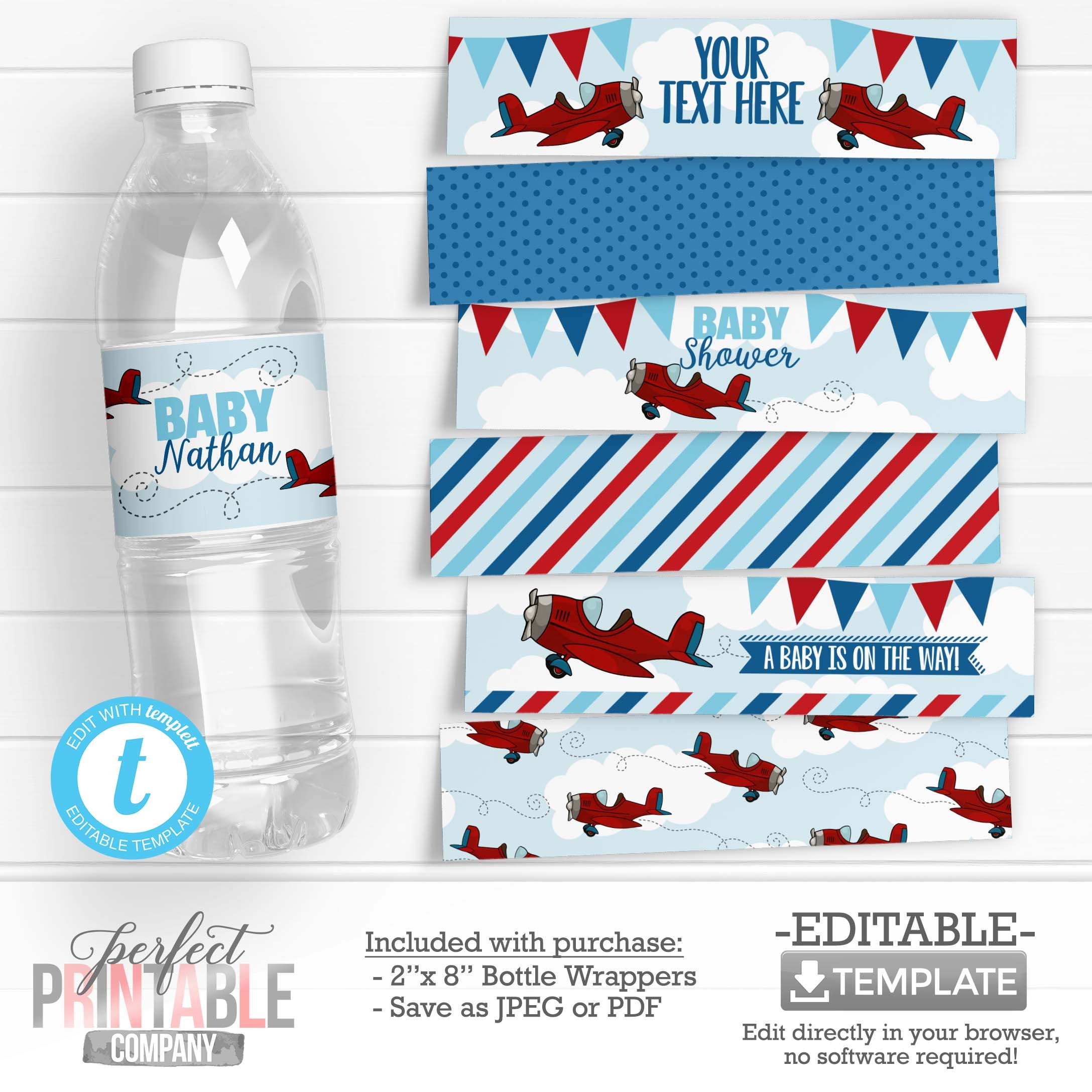 Airplane Water Bottle Labels, Plane Water Bottle Wrappers, Airplane Baby  Shower Decorations, Airplane DIY Decorations #831