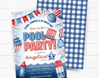 Convite para festa na piscina do 4 de julho, convite de aniversário patriótico de verão, tema vermelho, branco e azul para menina, modelo editável do Canva