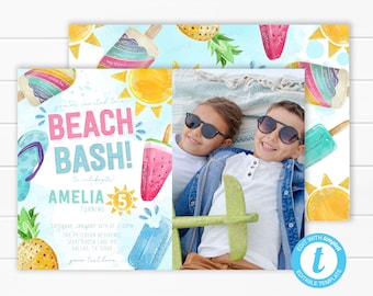 Invitación de cumpleaños para una fiesta en la playa, invitación de verano, invitación para una fiesta de cumpleaños divertida bajo el sol, invitación con foto para niños, plantilla editable n.° 2025