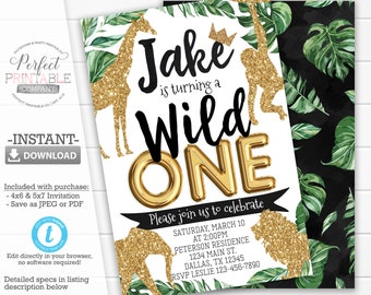 Wild One Birthday Invitation, Safari Jungle Animals Birthday Party Invitation, Black Gold Glitter, Boy 1st Birthday, Editable Template #936