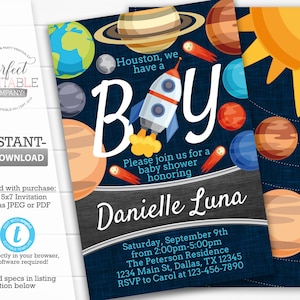 Space Baby Shower Invitation, Planet Baby Shower Invitation, Solar System Invitation, It&#39;s a Boy Invite, Space Baby Sprinkle Invitation #929