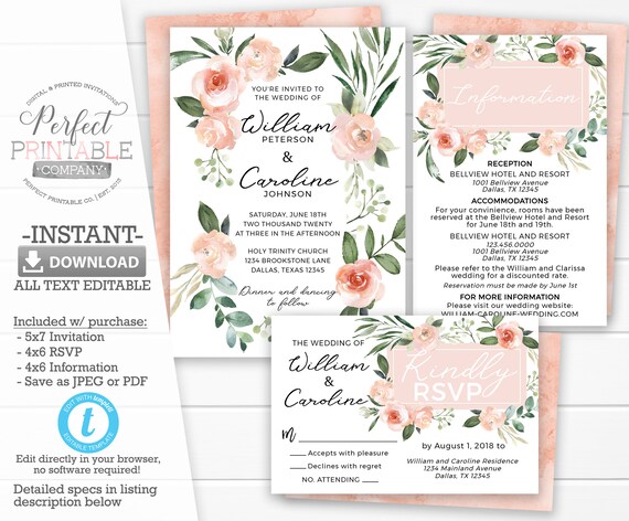 Edit at Templett #117#116 Printable Double Sided Invite Suite All Editable Peach Cream Floral Navy Gold Wedding Invitation Set Template