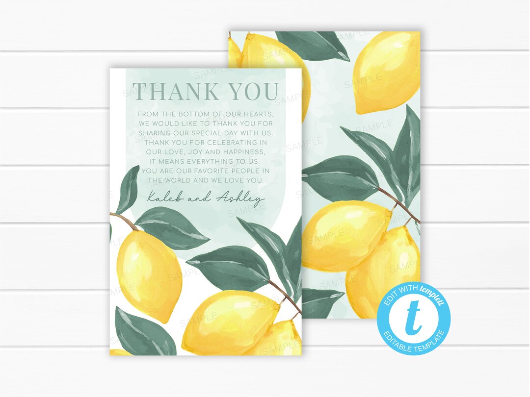 Lemon Thank You Card Lemon Tree Thank You Note Lemonade Thank You