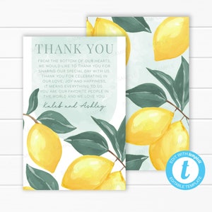 Tarjeta de agradecimiento de limón / Nota de agradecimiento de limonero / Carta de agradecimiento de limonada / Inserto de agradecimiento de cítricos botánicos / Plantilla editable #2020