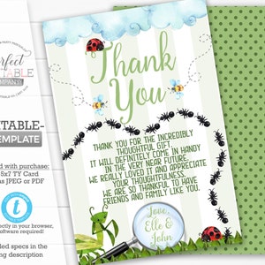 Insect Bug Thank You Card, Insect Bug Thank You Note, Insect Bug Baby Shower Thank You Card, Birthday Party, Editable Template #841