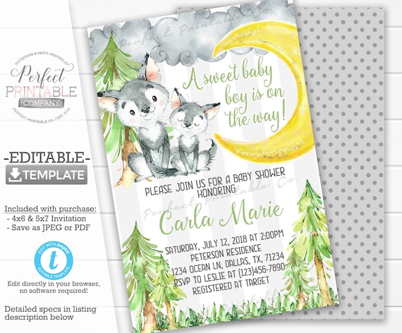 wolf baby shower invitation, wolf invite, wolves baby shower invitation,  wolf baby sprinkle invitation, editable template #821