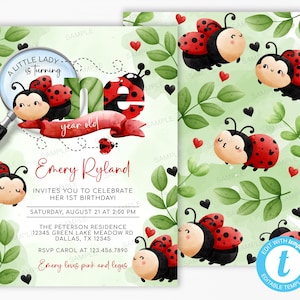 Ladybug Birthday Party Invitation, Ladybug Invite, Insect Lady Bug 1st Birthday Invitation, Turning ONE Invitation, Editable Template #2007
