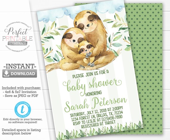 sloth baby shower invites