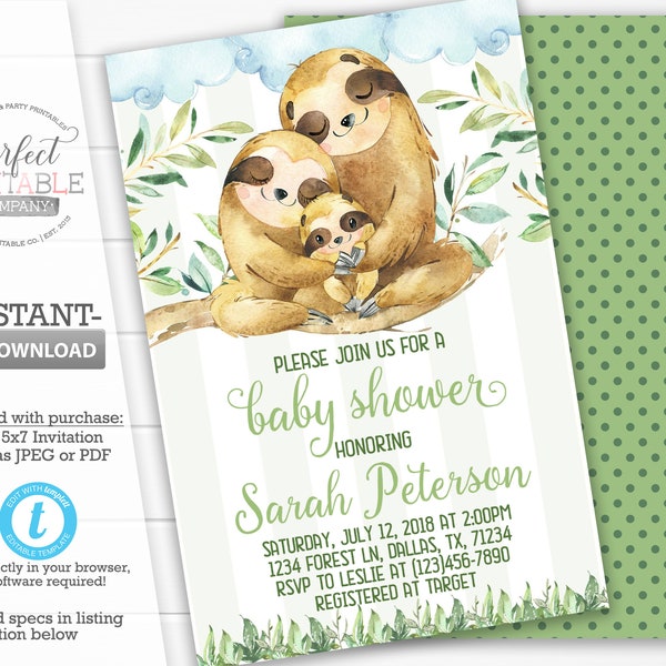 Sloth Baby Shower Invitation, Sloth Invitation, Sloth Baby Sprinkle Invitation, Sloth Invite, It's a Boy, Editable Template #930