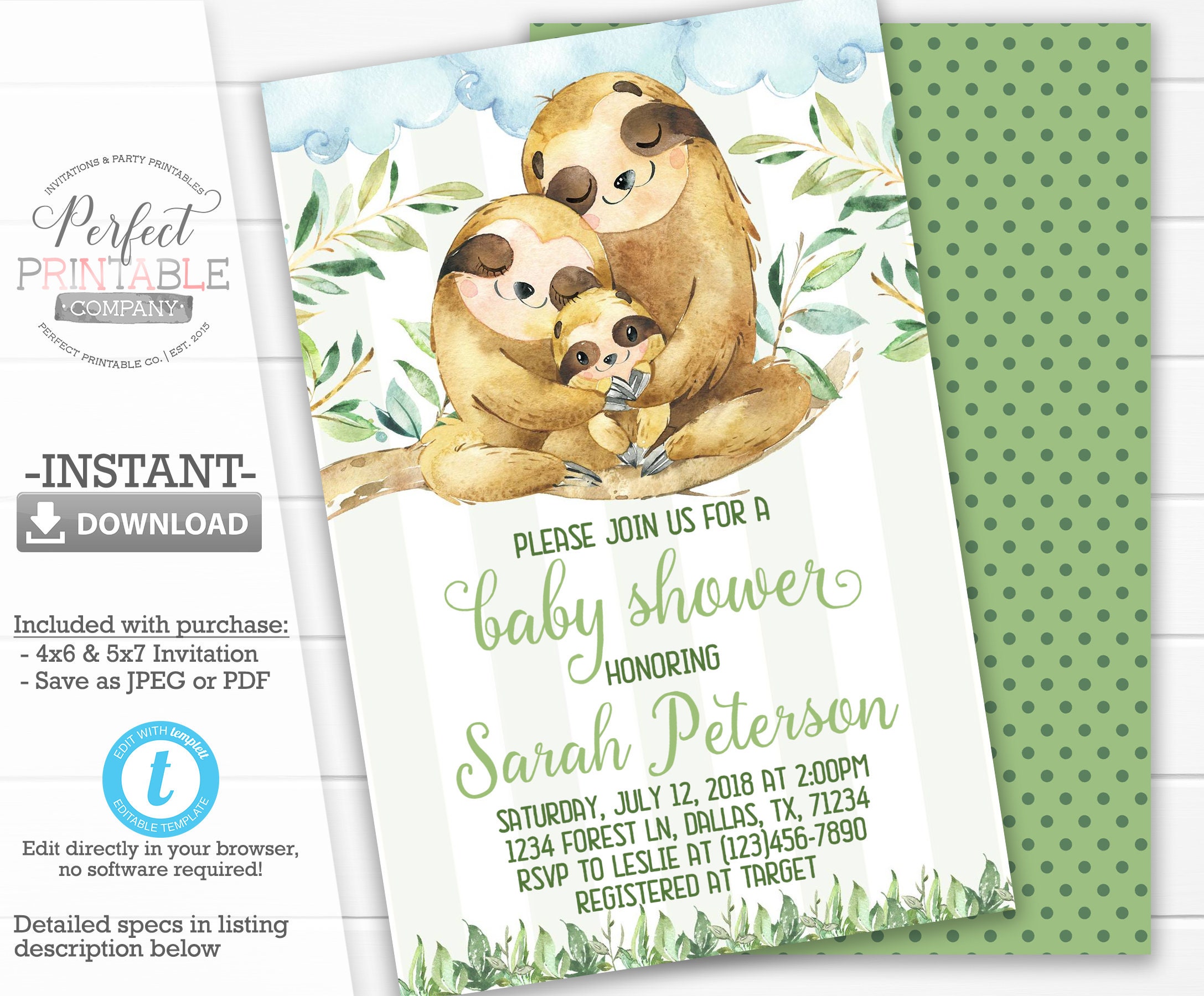 Sloth Baby Shower Invitation Sloth Invitation Sloth Baby