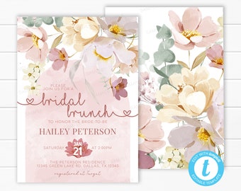 Wildflower Bridal Shower Invitation - Blush Floral Bridal Brunch Invite - Dusty Pink Wild Flower Bridal Party Card - Editable Template #2019