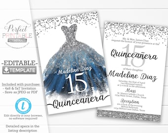 Blue Silver Quinceañera Invitation, Quinceañera Invite, Mis Quince Anos, Invitaciones de Quinceañera, Invitación de 15 Cumpleaños #977