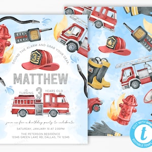 Firetruck Birthday Party Invitation, Fire Engine Invite, Fireman Party Invitation, Firefighter Invitation, Printable Editable Template #2034