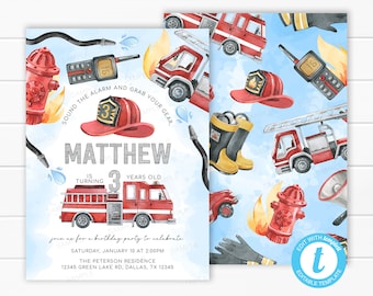 May include: Watercolor-style invitation and matching pattern featuring a red fire truck, firefighter hat, and other fire-related elements. The invitation reads "MATTHEW IS TURNING 3 YEARS OLD" and includes party details.